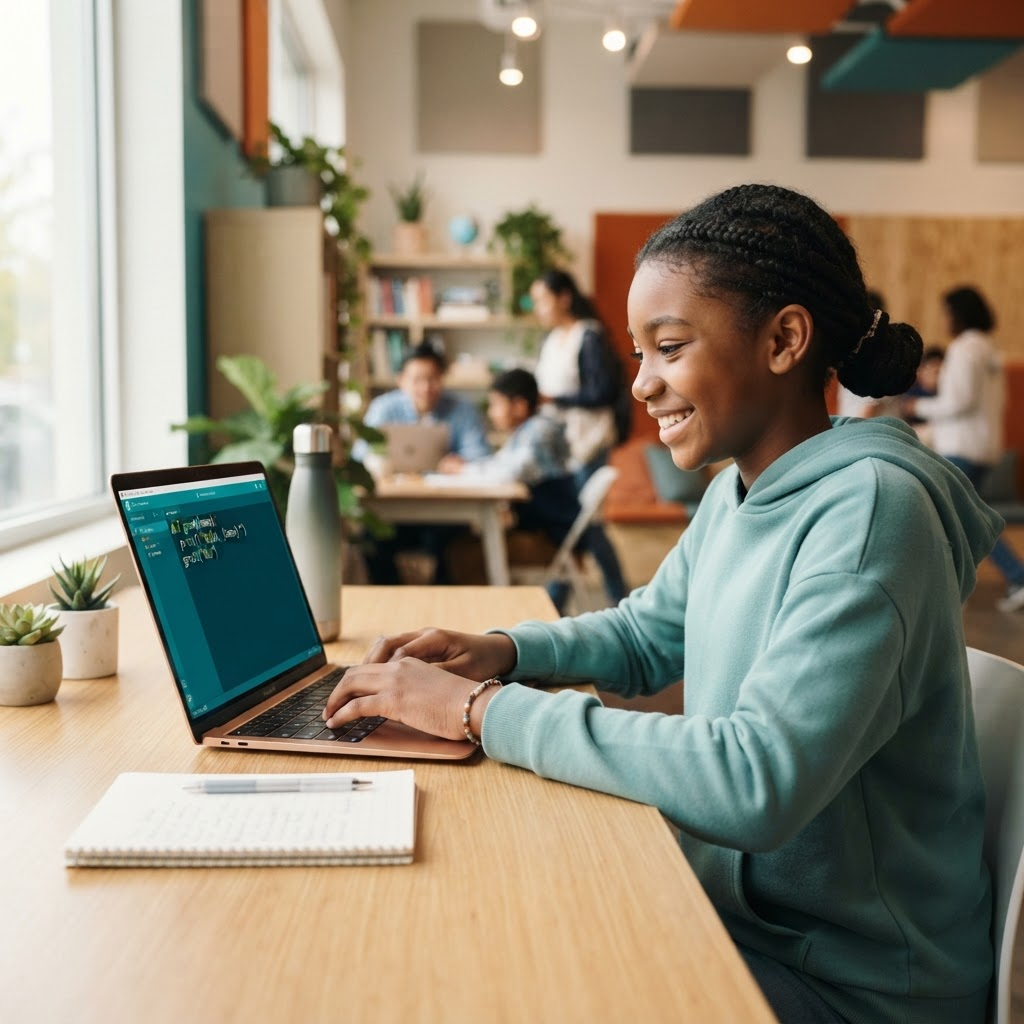 A beginner student smiling while learning to code on a laptop